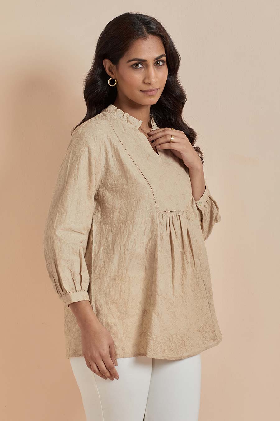 Beige Cotton Embroidered Top