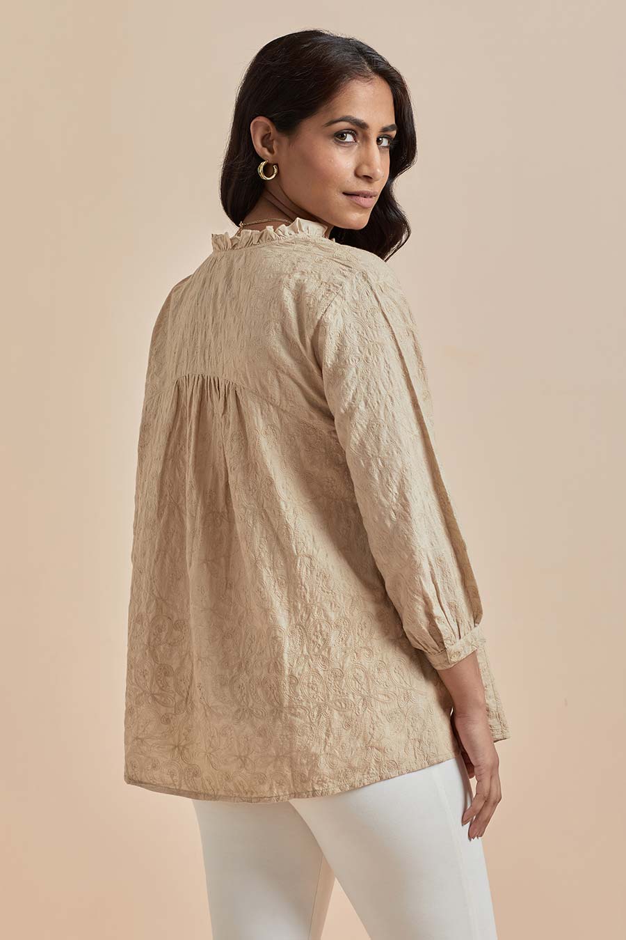 Beige Cotton Embroidered Top