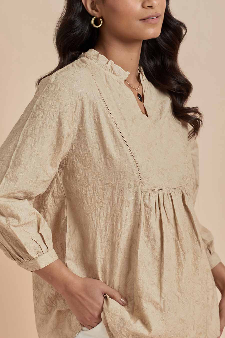 Beige Cotton Embroidered Top