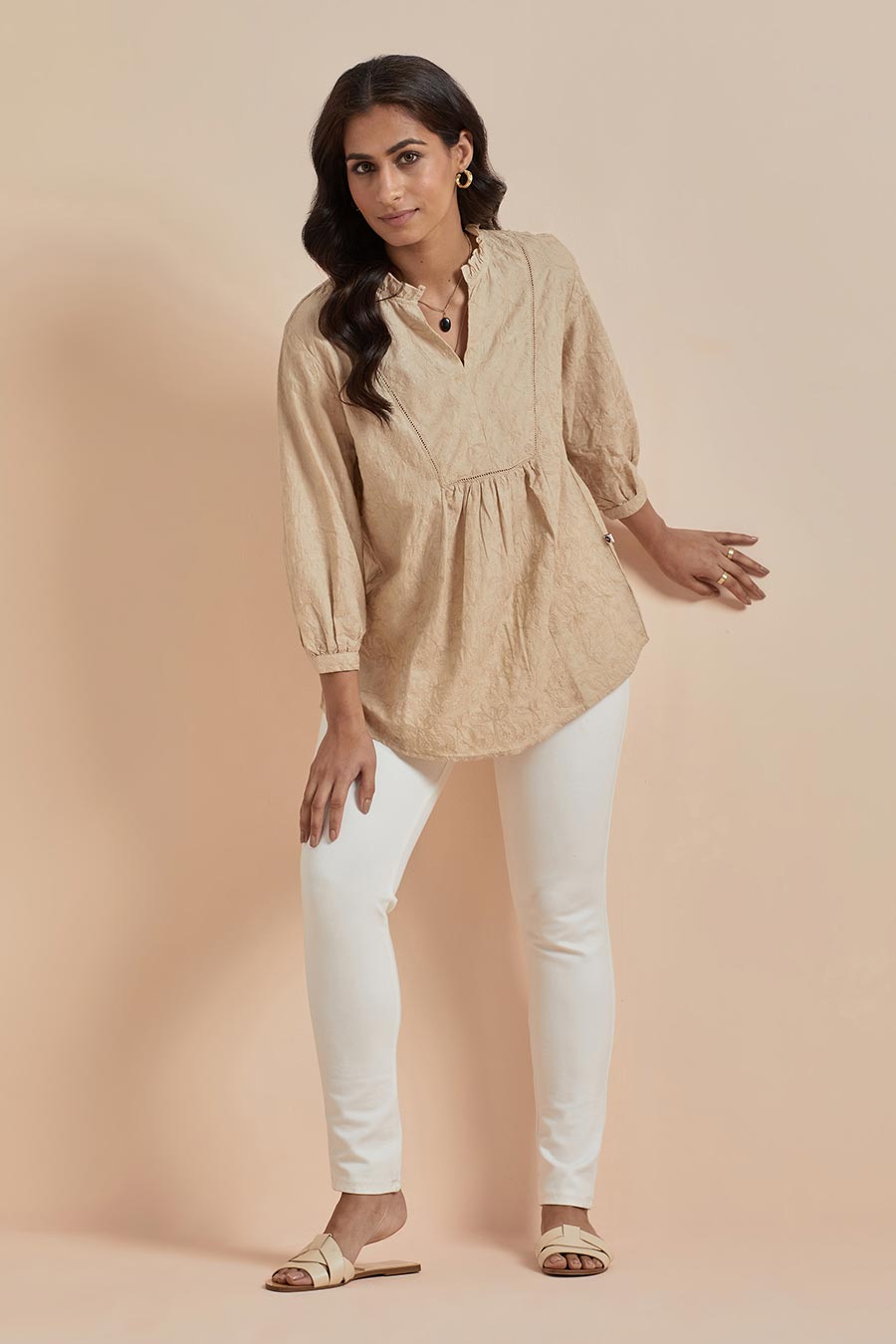 Beige Cotton Embroidered Top