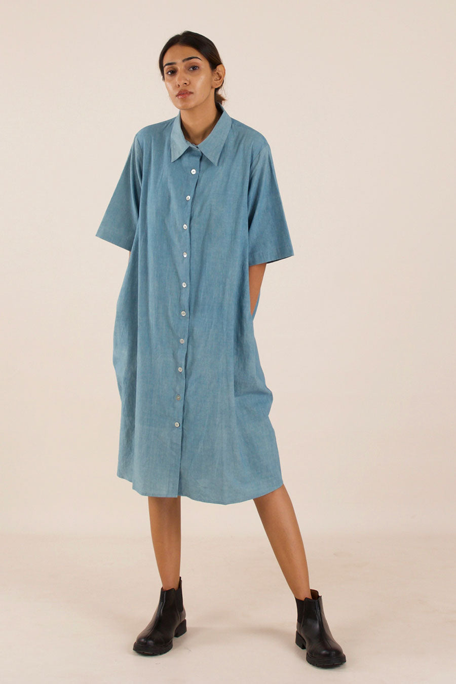 Blue Cotton Midi Shirt Dress