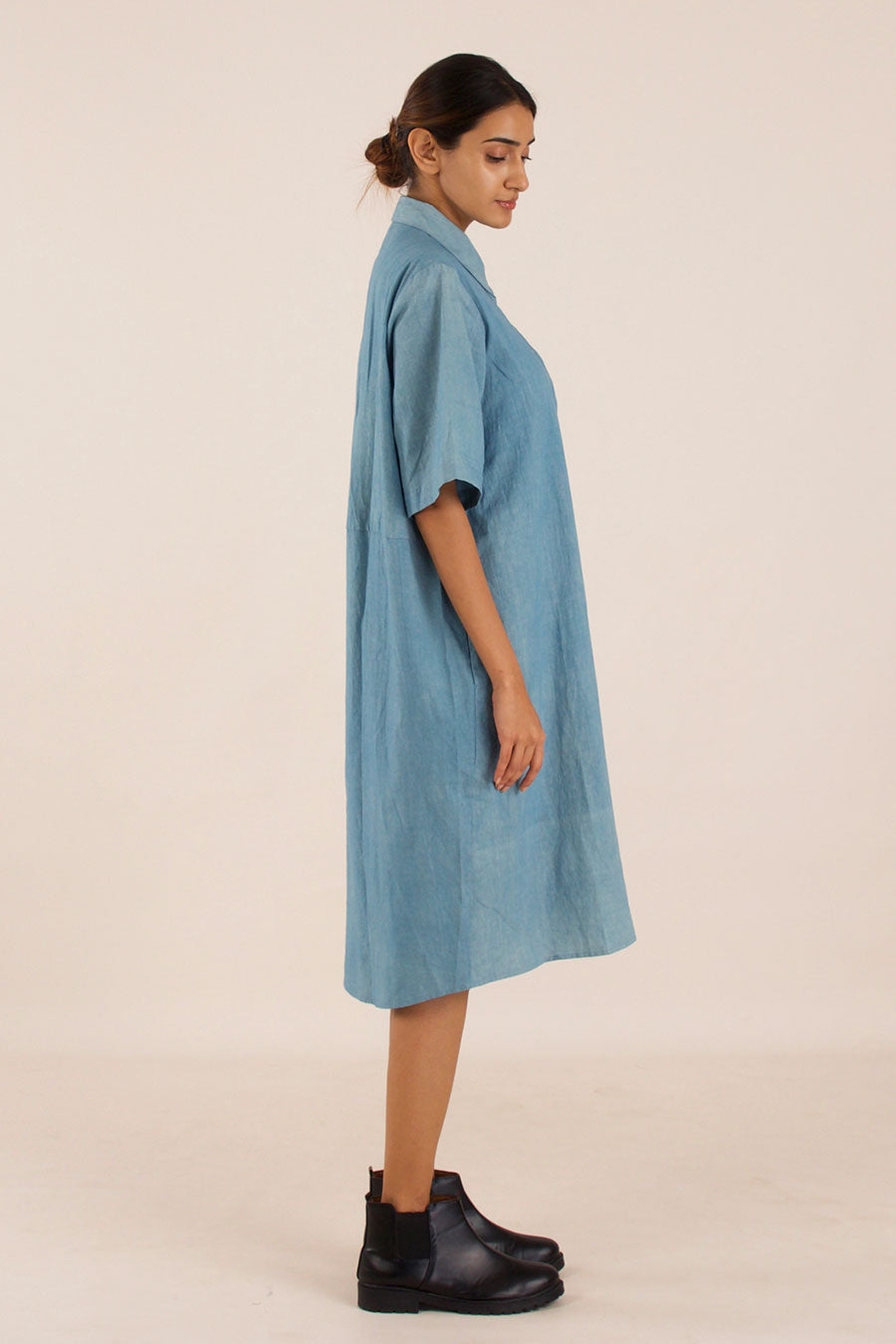 Blue Cotton Midi Shirt Dress