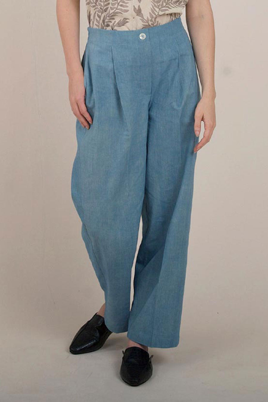 Blue Cotton Straight Pants