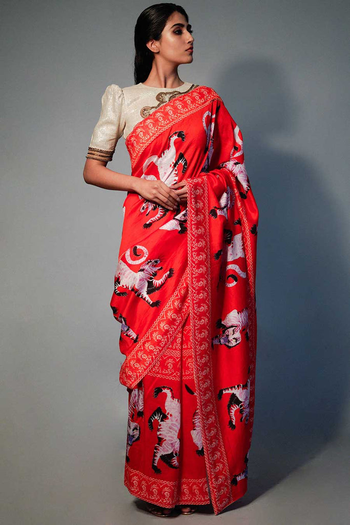 Buy Grey Chanderi Printed Bagru Saree For Women by Ruchira Nangalia Online  at Aza Fashions.