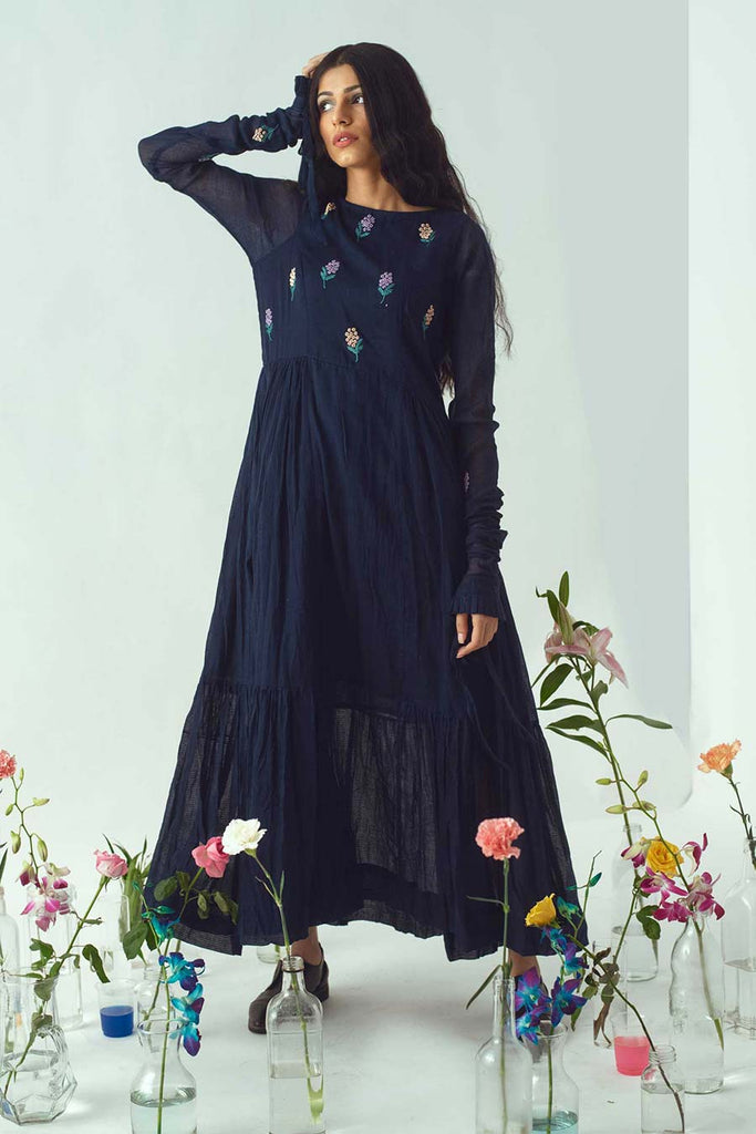 Buy Blue Handwoven Chanderi Silk Embroidered Flowers Boat Ombre Dress For  Women by The Loom Art Online at Aza Fashions.