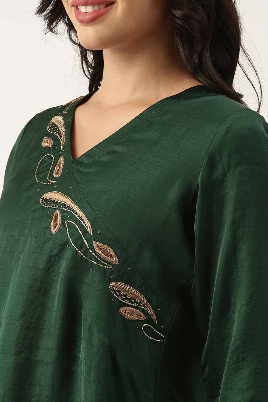 Bottle Green Silk Embroidered Dress