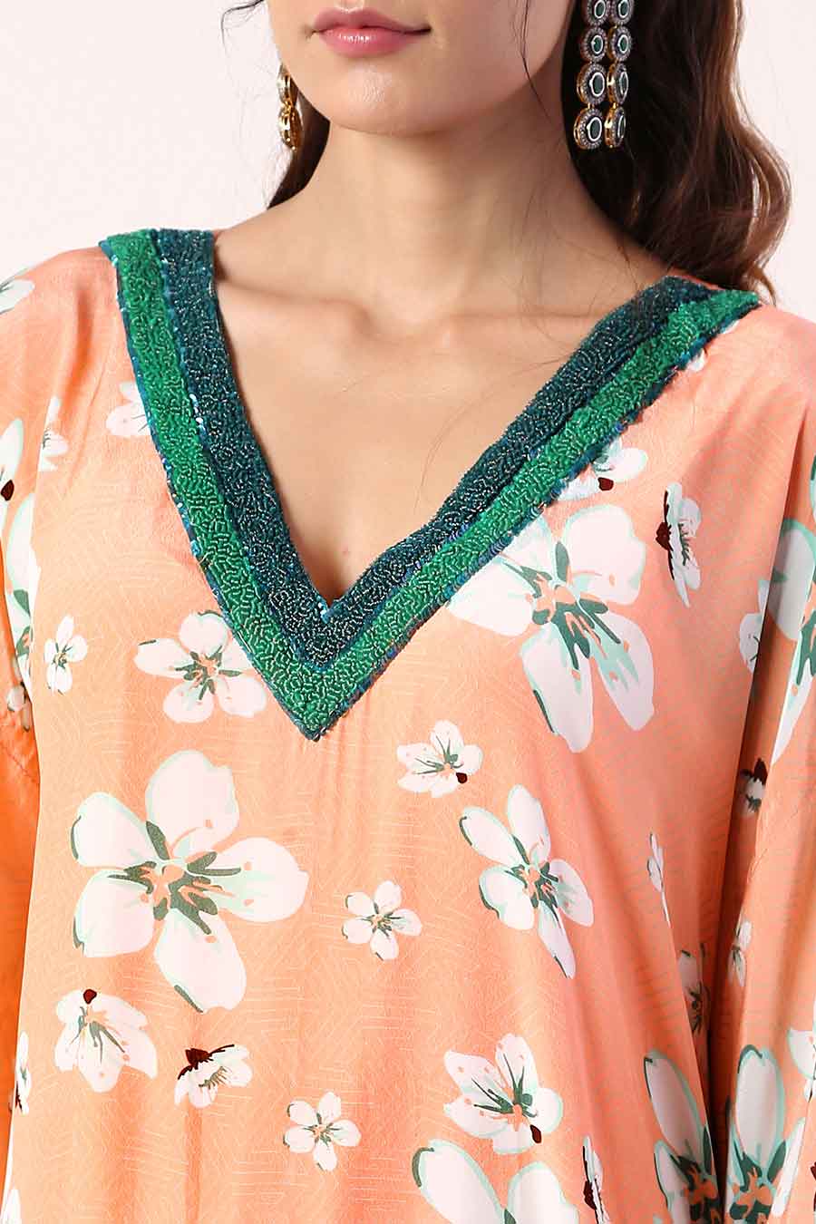 Coral Embroidered Kaftan Dress With Slip