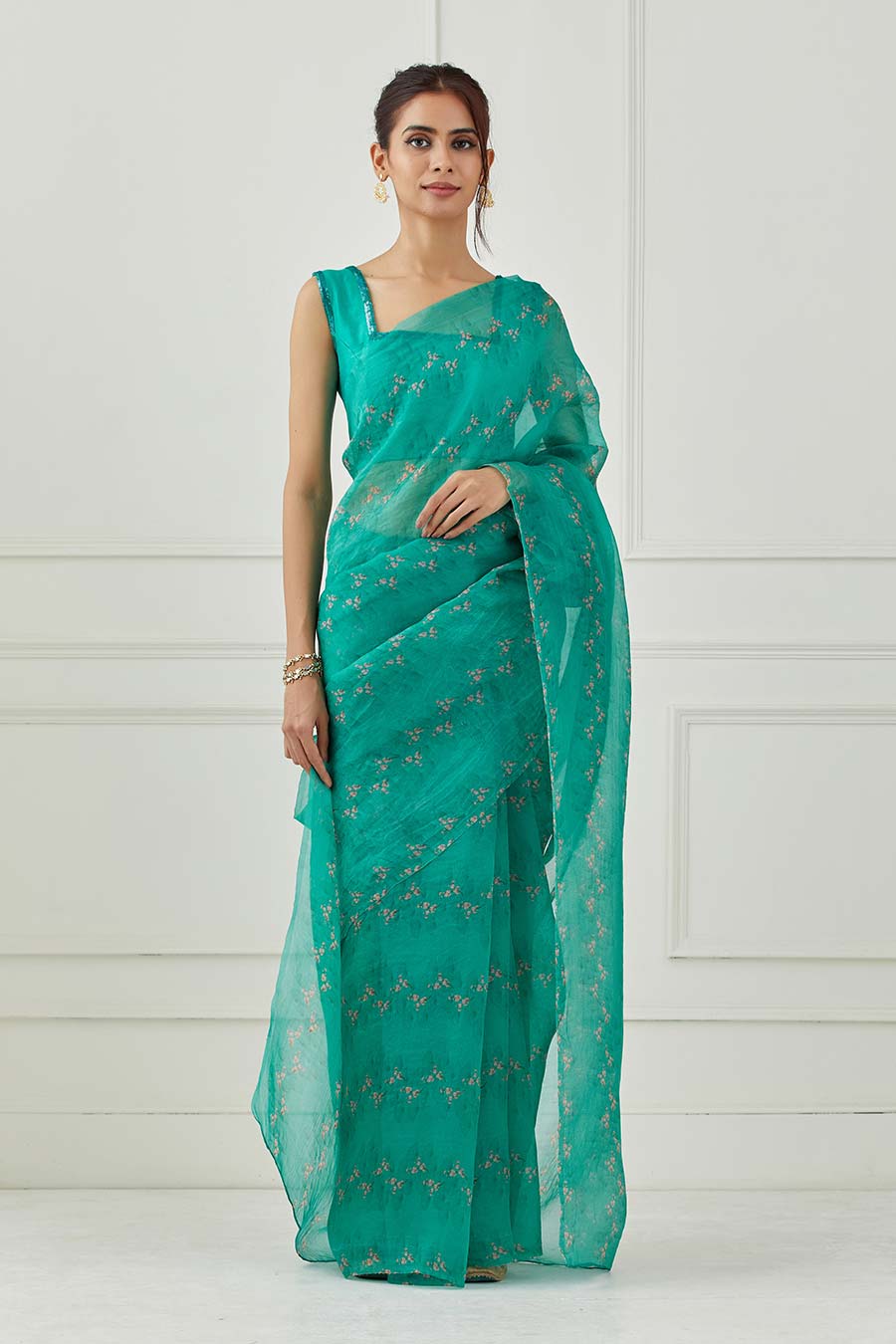 Teal Organza Saree With Unstitched Blouse