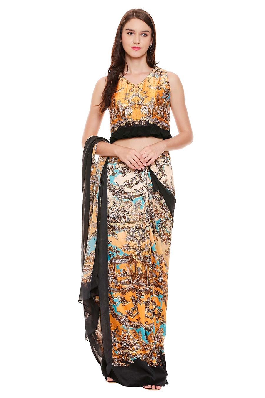 Printed Pre-Stitched Saree With Blouse