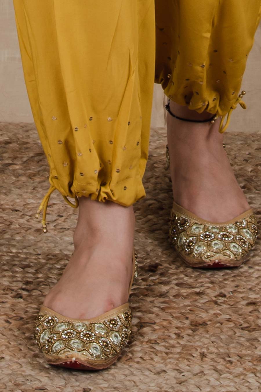 Yellow Embroidered Pull String Pants